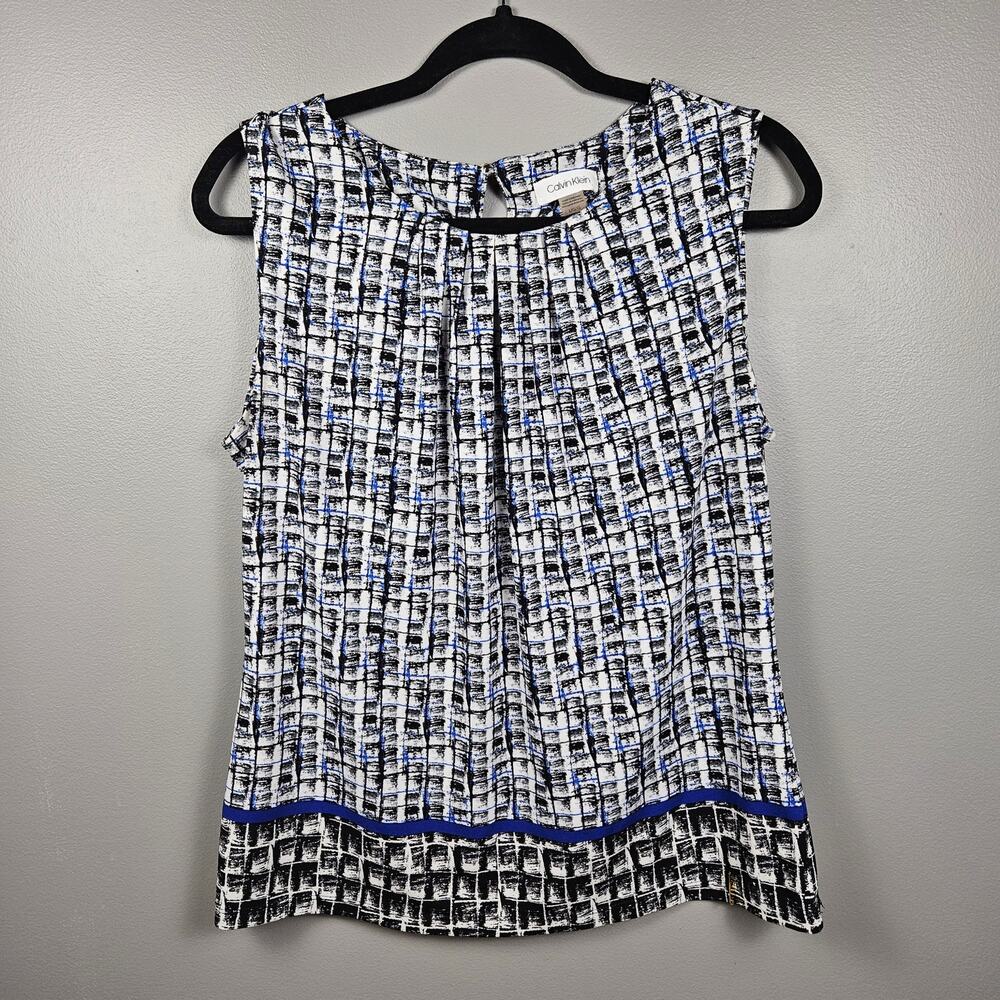 Calvin‎ Klein Sleeveless Abstract Grid Blouse Black White Blue Womens Size L